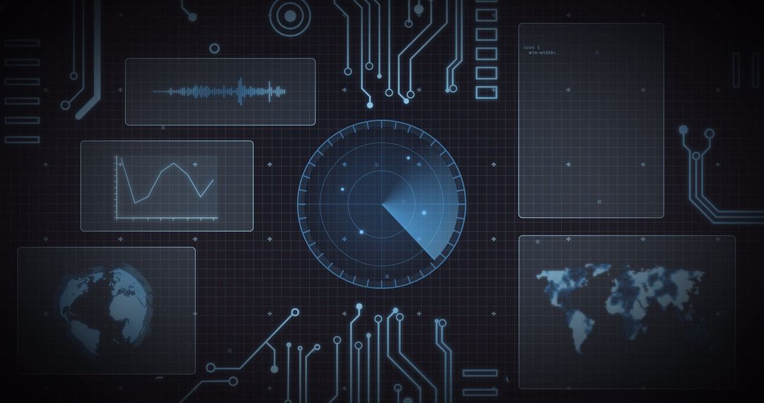 Futuristic digital interface with radar scan and data visualizations