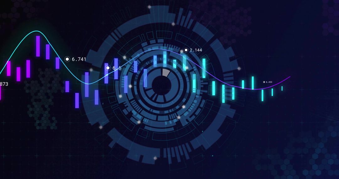 Futuristic Data Dashboard Displaying Neon Waveform, Candlestick Charts and Concentric HUD