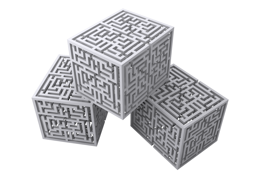 Three stacked 3d maze blocks on transparent background