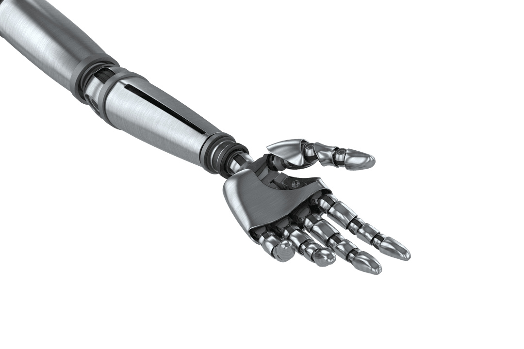 Futuristic Metallic Robot Hand Reaching on Transparent Background