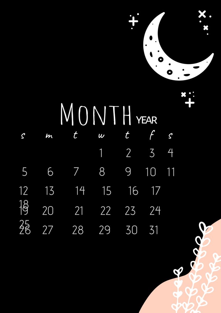 Minimalist Monthly Calendar with Moon and Stars on Black Background