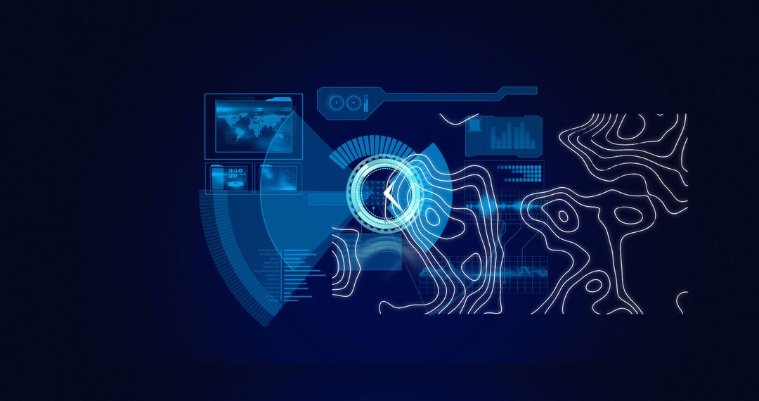 Futuristic digital interface in a virtual space with clock overlay