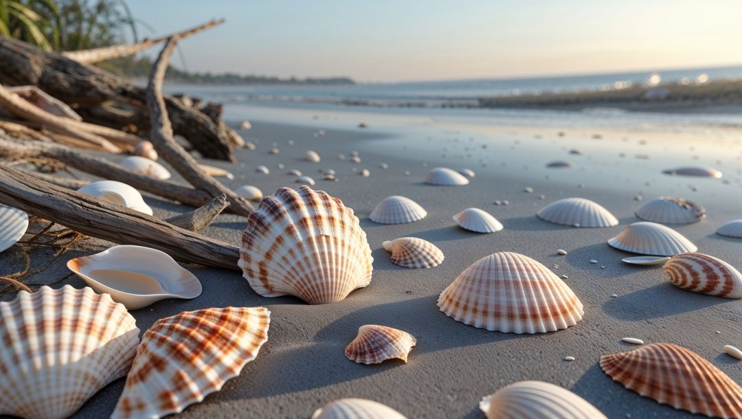 Coastal serenity with seashells and driftwood on bay of bengal tranquil beach