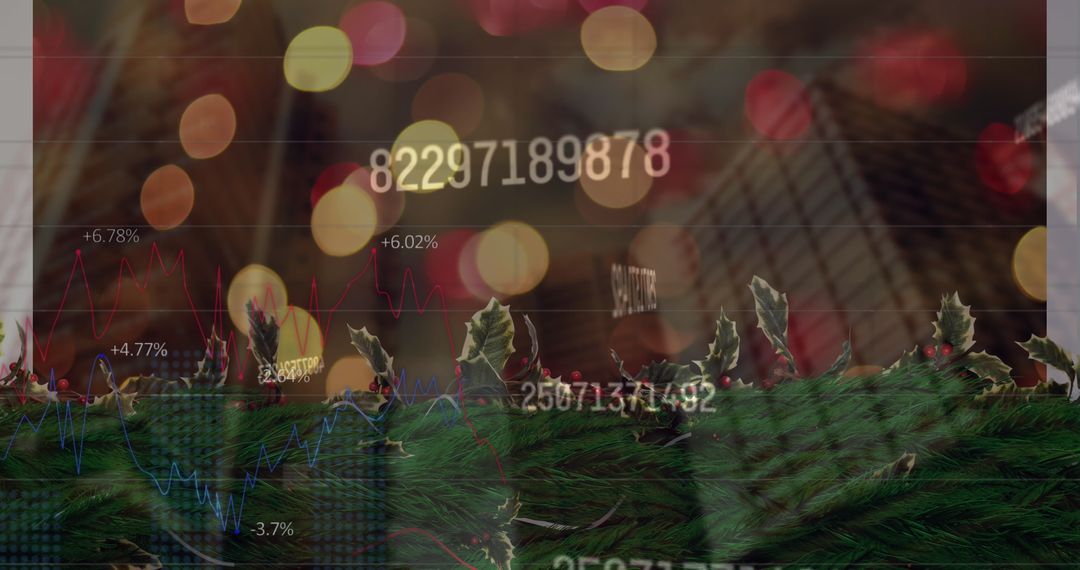 Festive Stock Market Data with Holiday Decorations and Cityscape