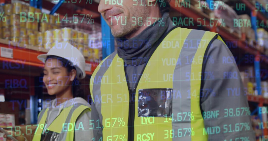 Workers in Warehouse with Stock Market Overlay Illustrating Global Trade