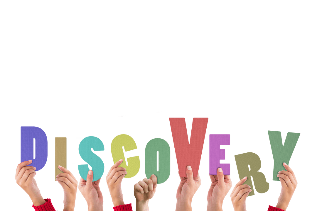 Hands Holding Discovery Letter Cutouts on Transparent Background