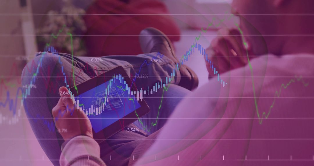 Man Relaxing on Sofa Checking Stock Market Charts on Tablet with Data Overlay