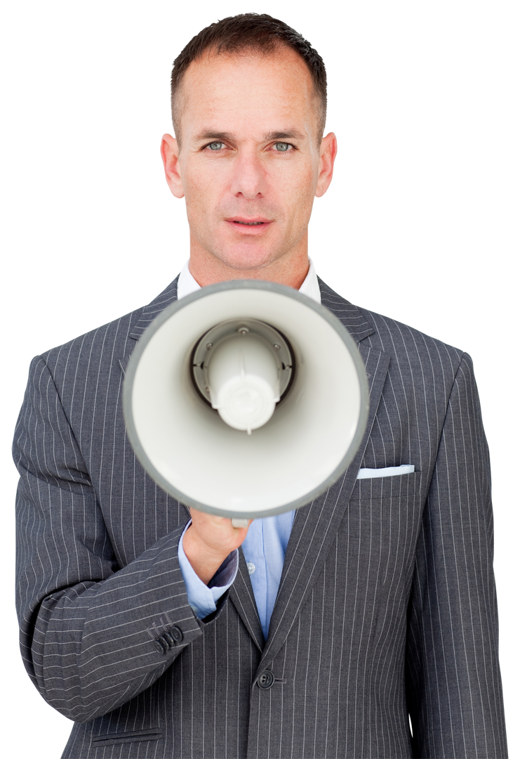 Transparent serious businessman holding megaphone shouting announcement - Download Free Stock Images Pikwizard.com