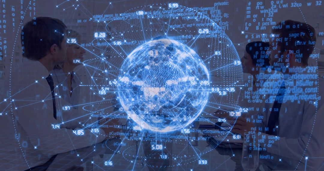 Business Team Engaging with Holographic Globe in Futuristic Meeting