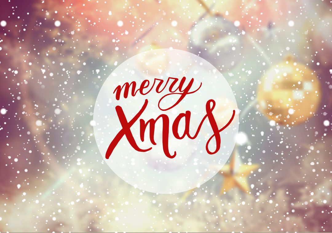 Merry Xmas Text with Snow and Baubles in Festive Design