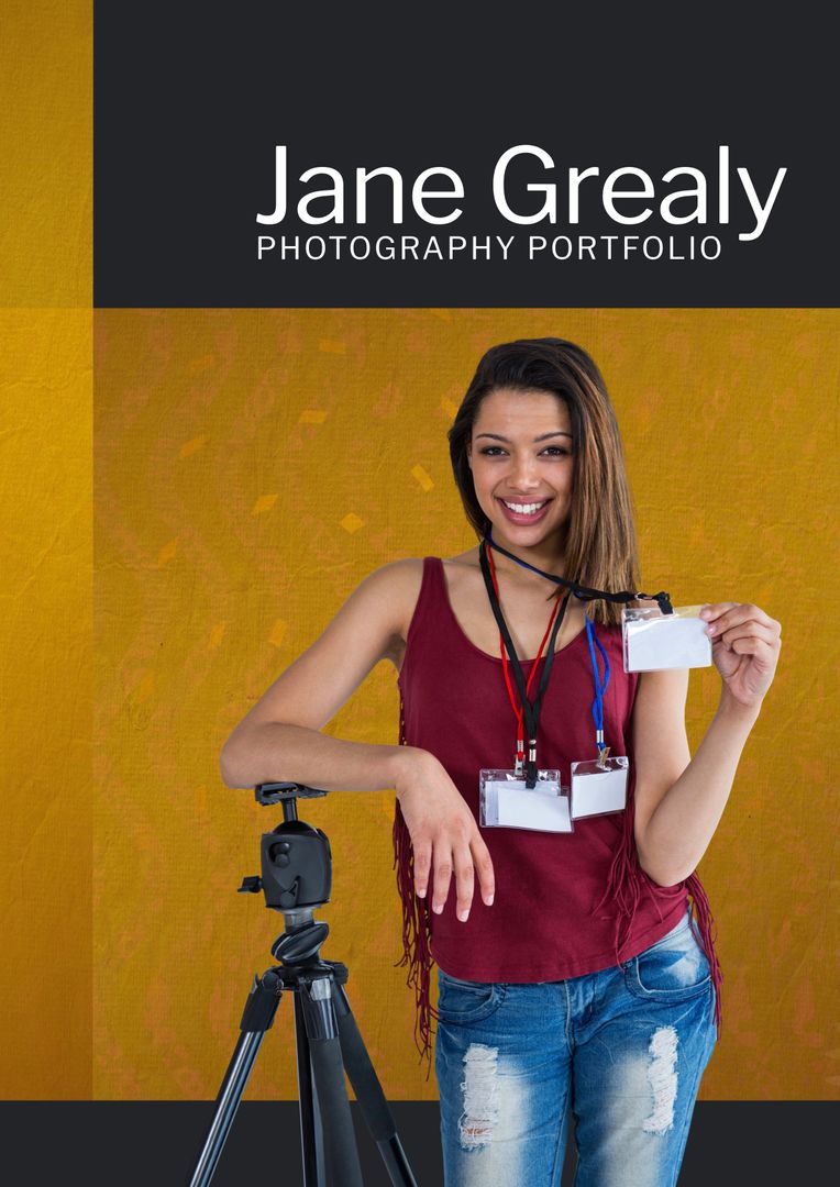Smiling Woman Photographer Displaying Her Professional ID Cards