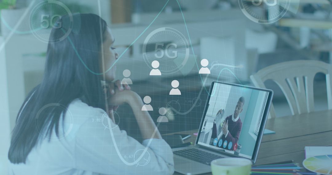 Woman Engaging in Virtual Meeting with Overlay of 5G and Graph Elements