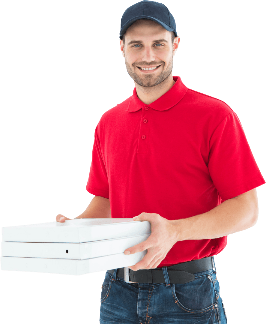 Transparent Image of Smiling Delivery Man Holding Pizza Boxes