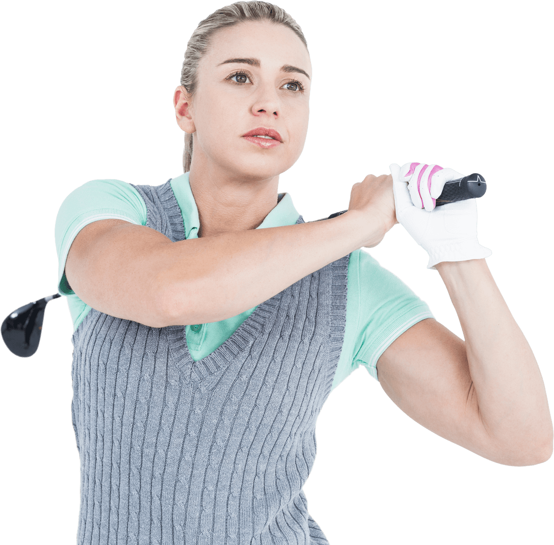 Elegant Blonde Golfer in Mid-Swing, Isolated Transparent Background
