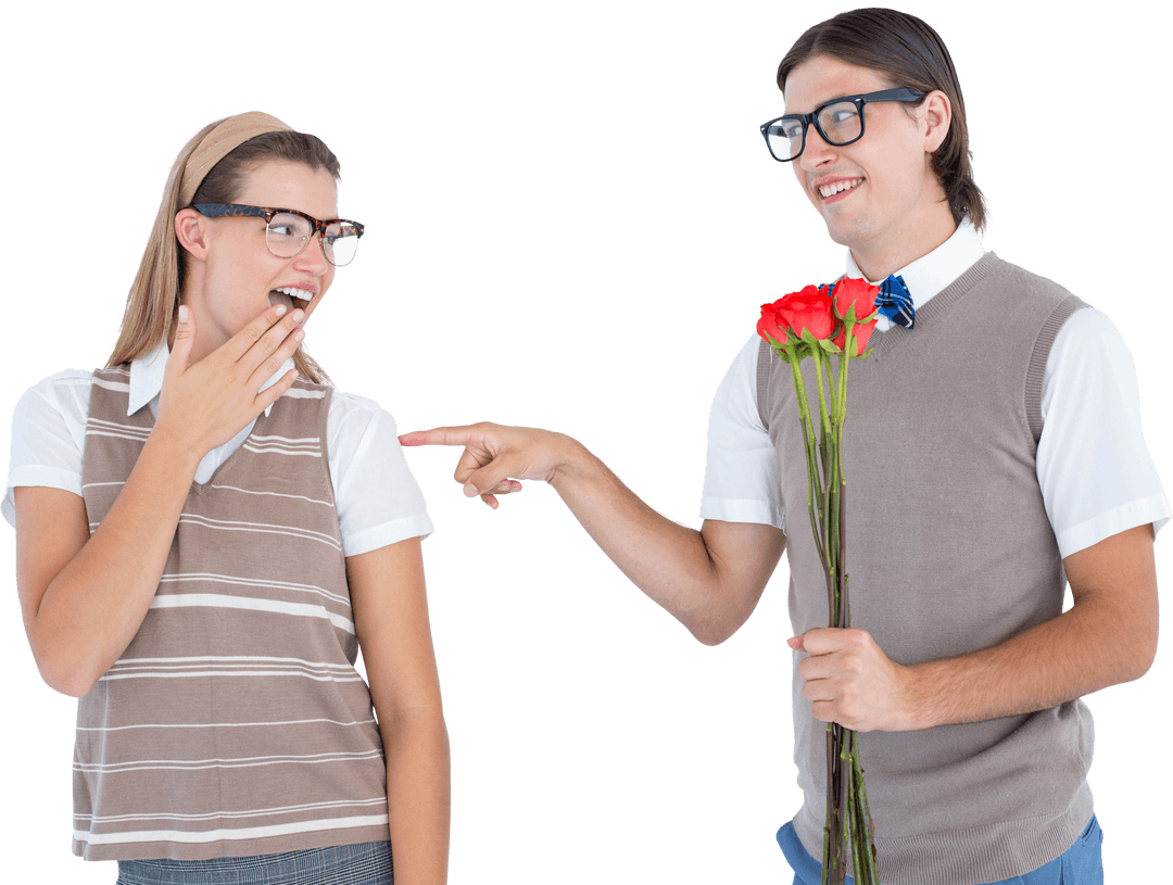 Romantic Geeky Hipster Offering Flowers to Girlfriend Transparent