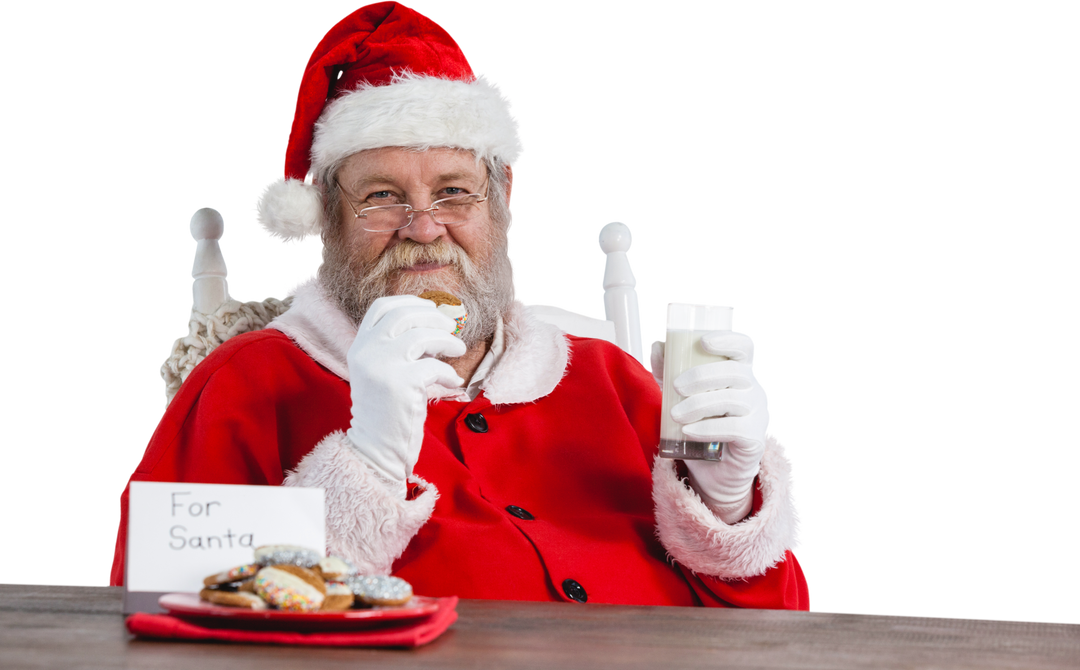 Transparent Santa Claus Eating Cookie With Milk, Seated At Wooden Table - Download Free Stock Images Pikwizard.com