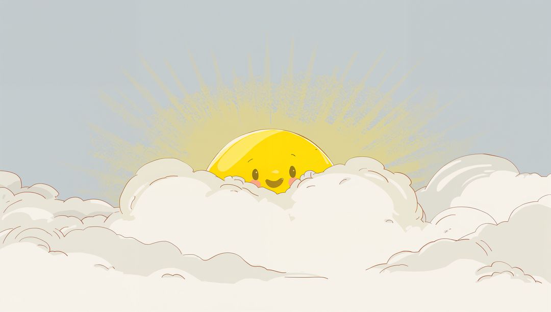 Peeking Smiling Sun Emerging from Fluffy Pastel Clouds Emitting Soft Golden Sunbeams