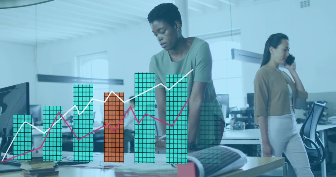 Colleagues analyzing data in open office with rising bar chart overlay