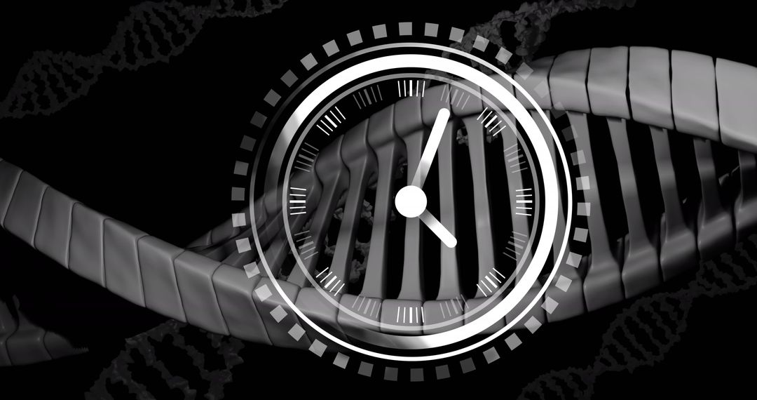 Clock Overlay on DNA Strands Symbolizing Genetic Time