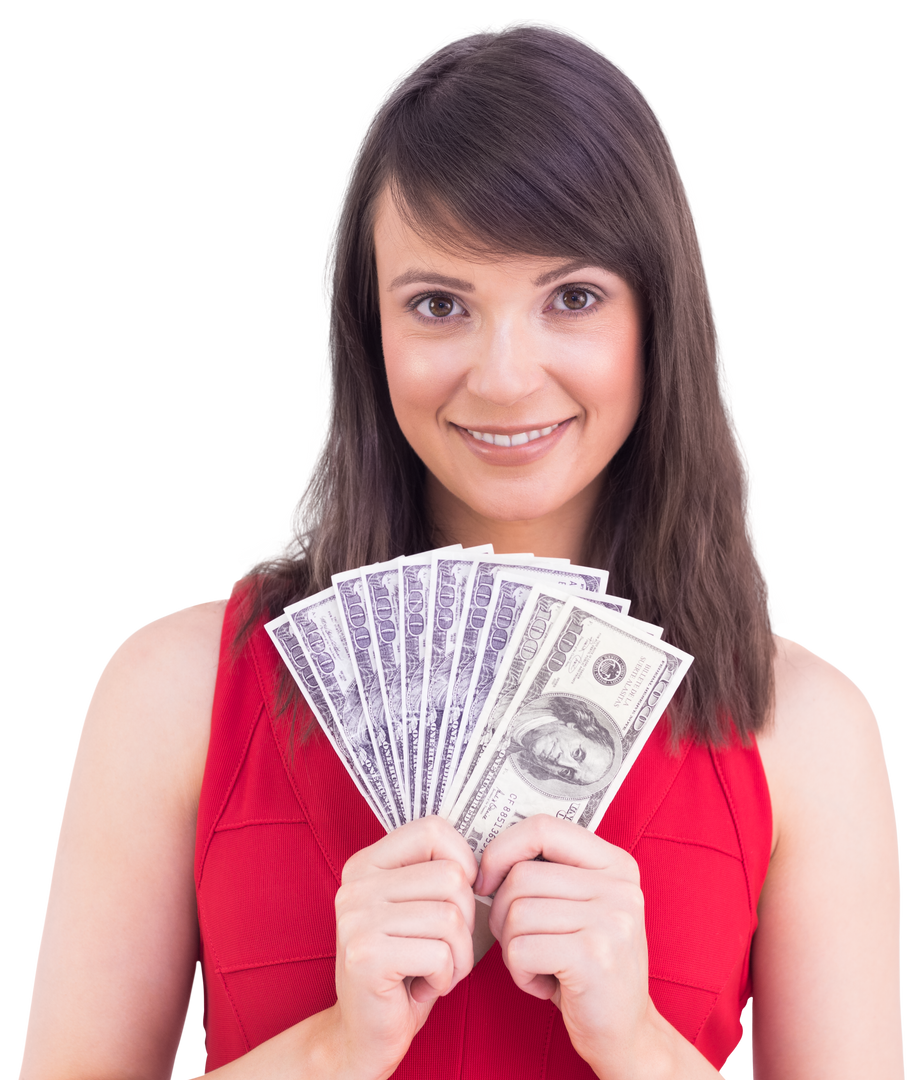 Smiling Young Woman Holding Fan of Cash on Transparent Background - Download Free Stock Images Pikwizard.com