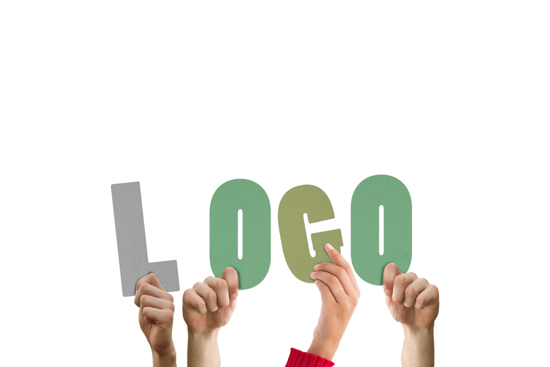 Hands holding logo text on transparent background for brand design