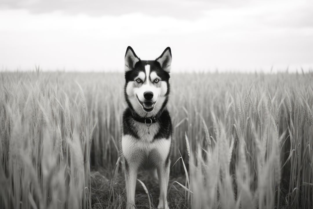 Siberian Husky Standing in Wheat Field with Overcast Sky - Free Images, Stock Photos and Pictures on Pikwizard.com