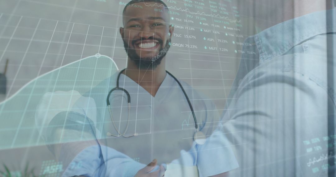 Doctor Shaking Hands With Patient Amidst Digital Interface in Modern Clinic