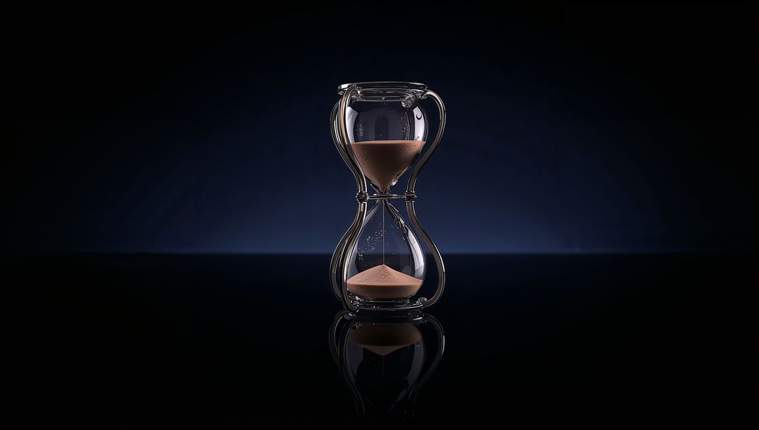 Elegant Hourglass with Flowing Sand on Reflective Surface