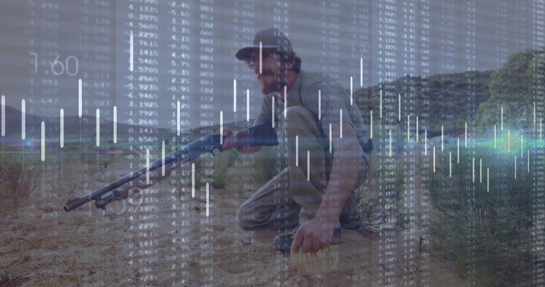 Military Operative with Financial Chart Overlay in Wilderness