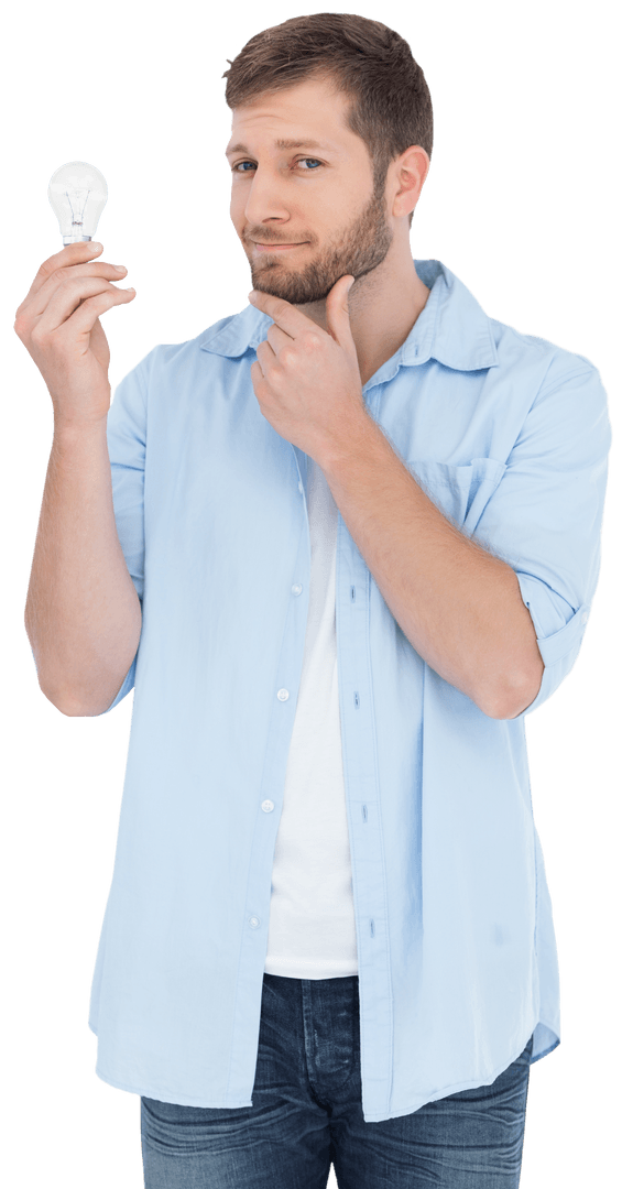 Pensive Man Holding Light Bulb Intently, Transparent Background