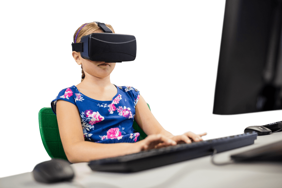 Young Girl Wearing VR Headset Engaged with Transparent Computer Technology