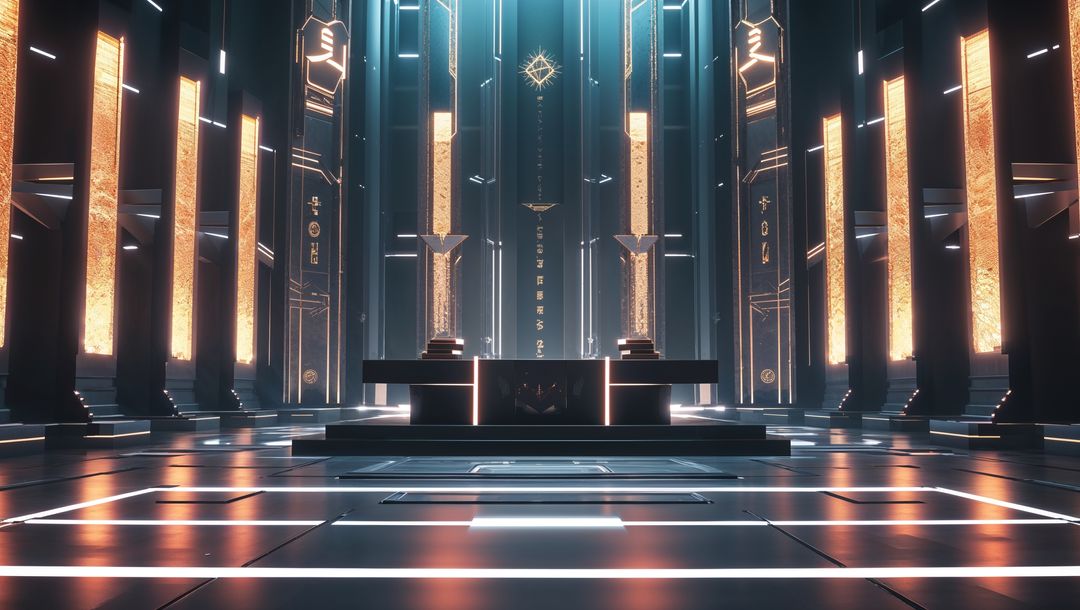 Futuristic Glowing Platform in Cyberpunk Hallway