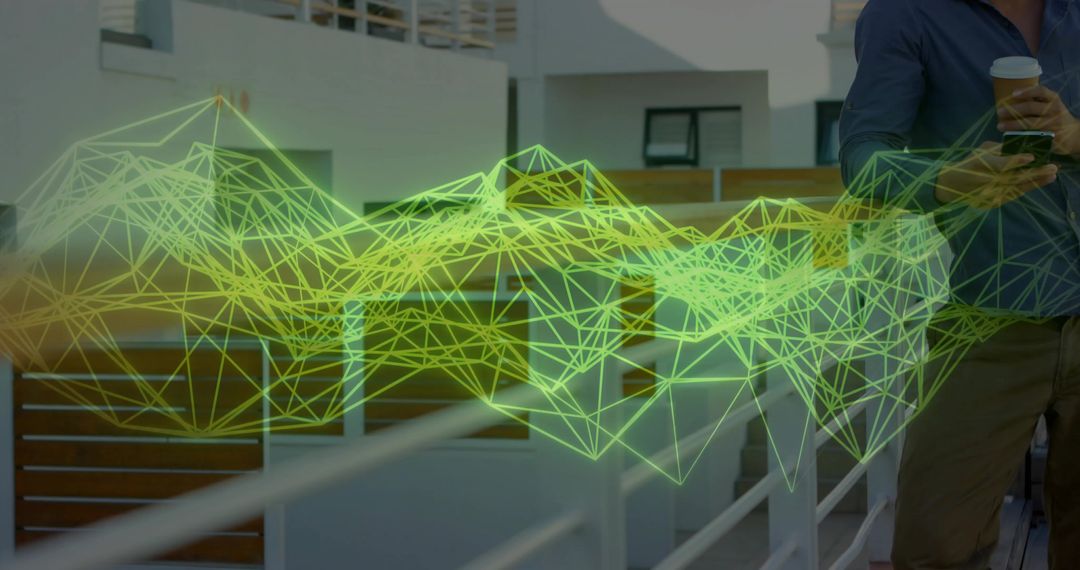 Modern Professional on Balcony Using Smartphone with Digital Network Overlay