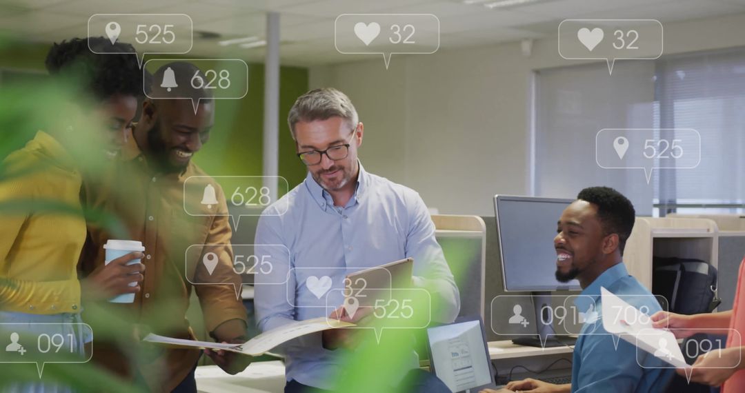 Modern Office Team Collaboration with Social Media Interactions