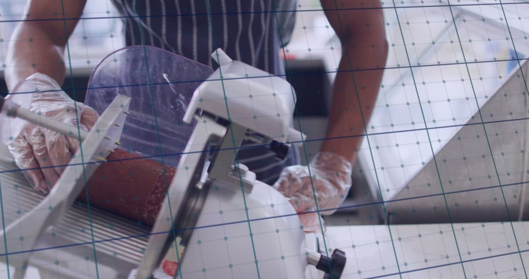 Shop Assistant Cutting Salami in Digital Tech Environment