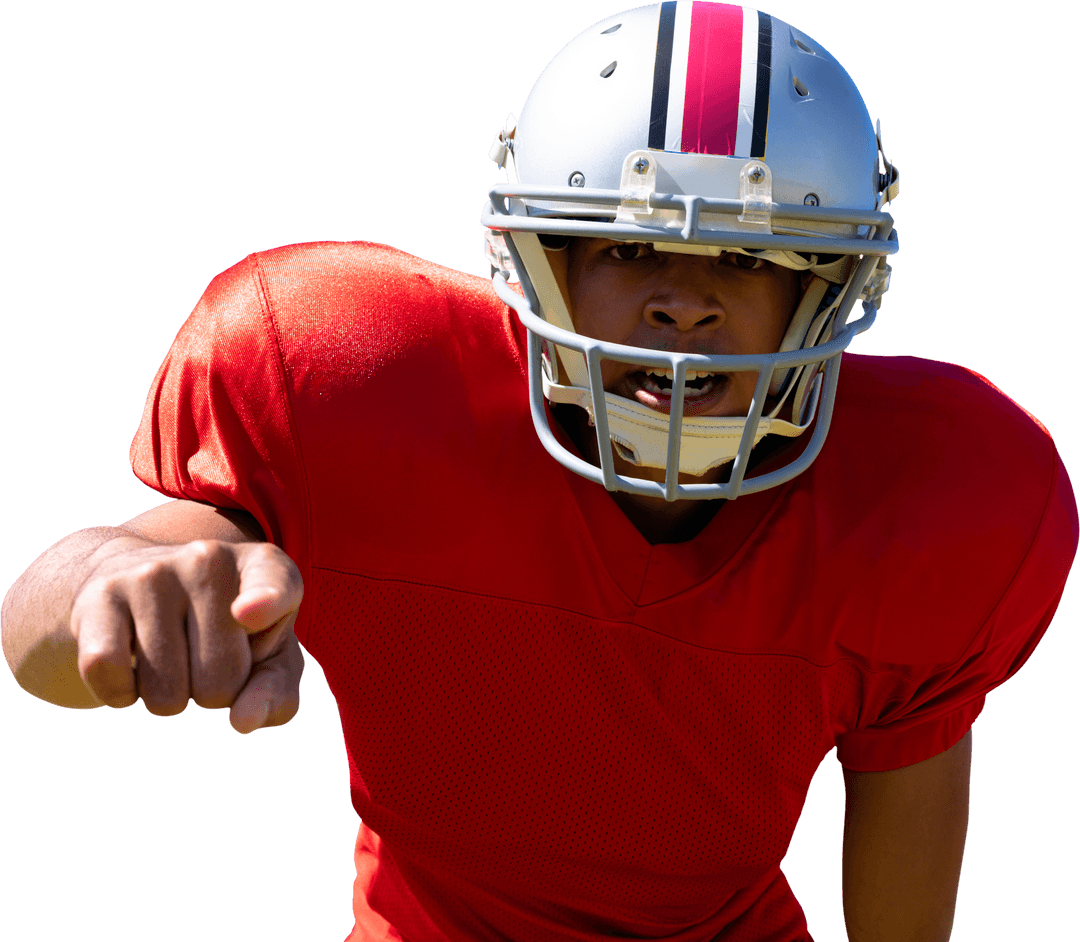 Energetic American Football Player with Helmet on Transparent Background