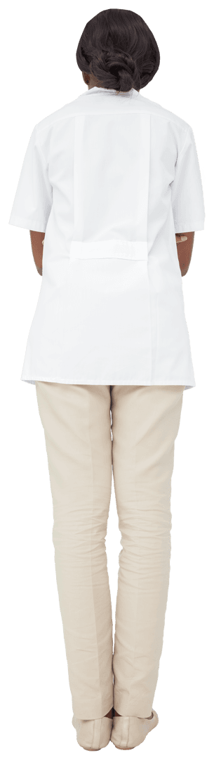 Female Medical Practitioner in Scrubs, Transparent Look from Behind
