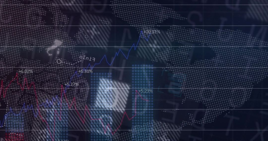 Global Market Dashboard Displaying Rising Blue Trendline and Red Dip on Digital World Map