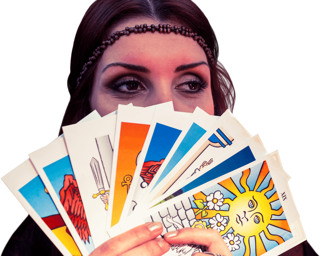 Mystical Fortune Teller with Tarot Cards on Transparent Background