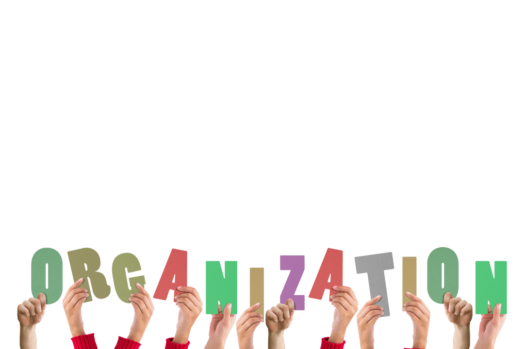 Hands Holding Organization Letters on Transparent Background