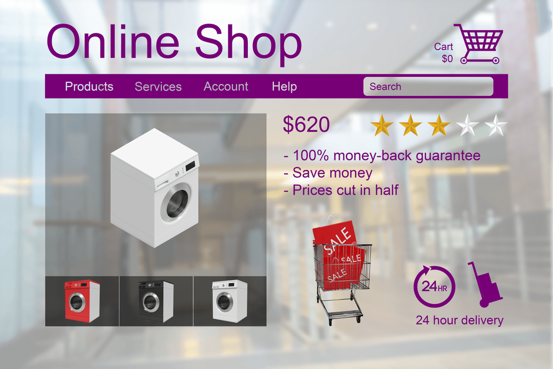 Transparent Online Shop Interface Displaying Washing Machines