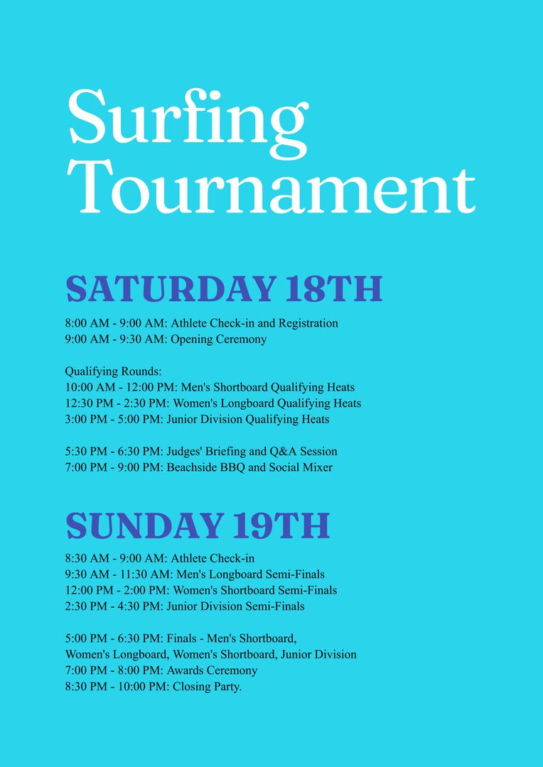 Surfing Tournament Event Schedule on Ocean-Themed Poster - Download Free Stock Templates Pikwizard.com