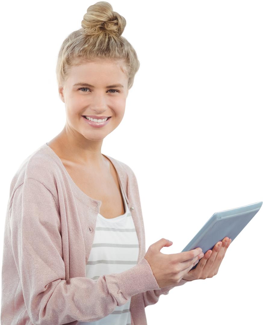 Smiling Woman Holding Tablet in Transparent Background - Download Free Stock Images Pikwizard.com