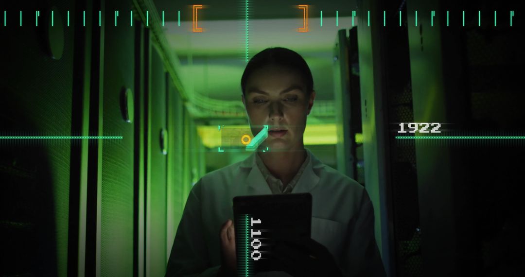 IT Specialist Analyzing Data on Tablet in Server Room