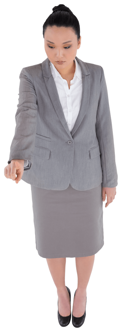 Asian Businesswoman Engaging with Virtual Interface on Transparent Background