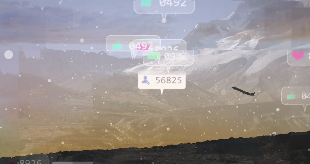 Social Media Icons Overlay on Mountain Landscape with Plane