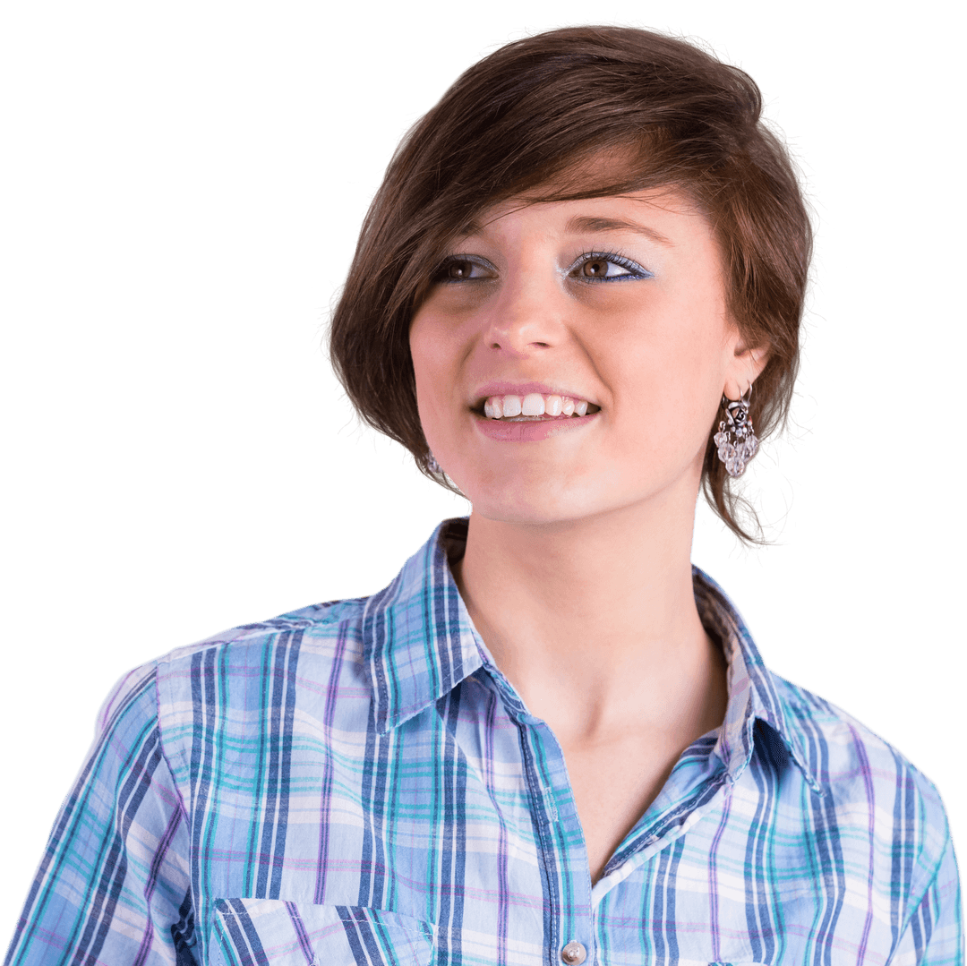 Smiling Brunette Woman in Plaid Shirt on Transparent Background