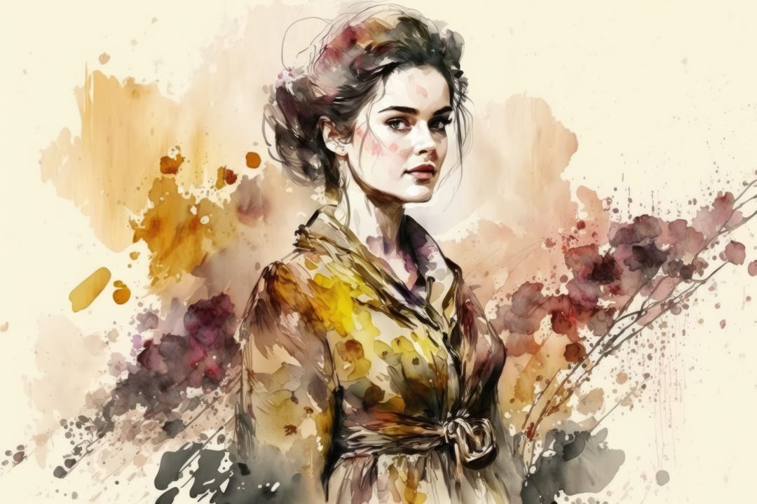 Watercolour portrait of woman in yellow dress, created using generative ai technology - Free Images, Stock Photos and Pictures on Pikwizard.com
