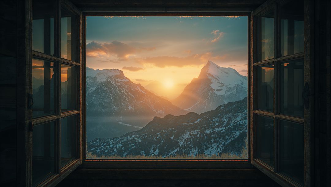 Sunrise View Through Cabin Window to Snowy Mountain Peaks