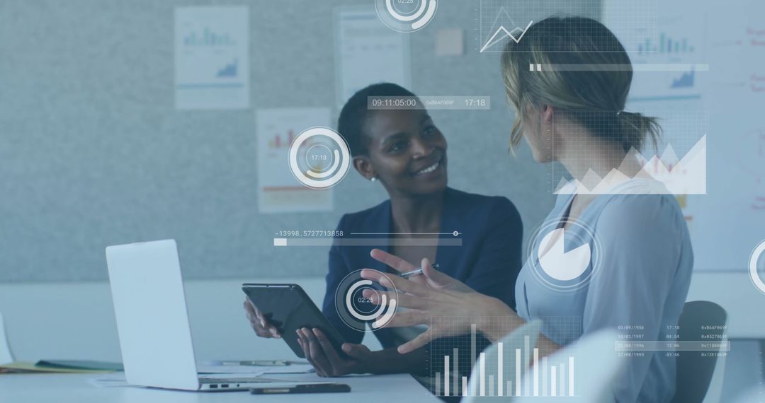 Colleagues Discussing Analytics with Digital Data Overlay